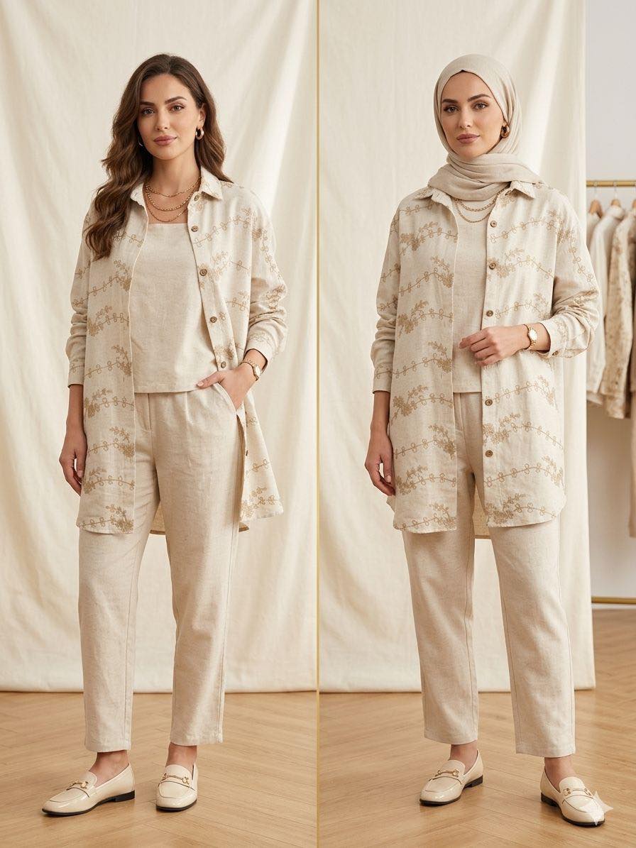 linen set (3 pieces top,pants and shirt)